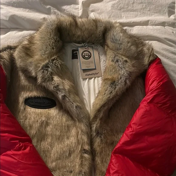 AlphaStyle Red, Blue, White and Golden with Faux Fur Goose Down Jacket Brand New - Picture 3 of 14